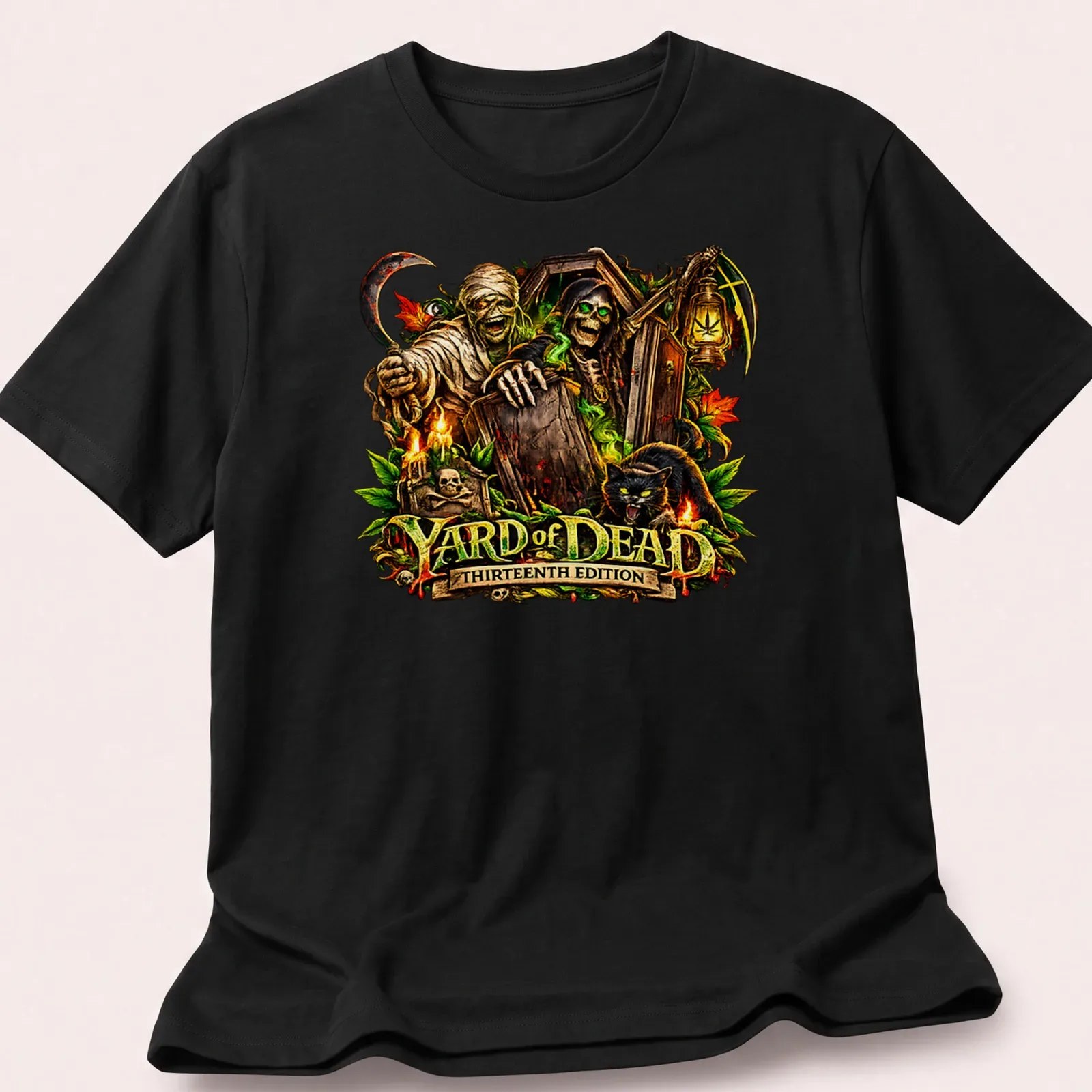 Detailed illustration of Halloween monsters with colorful text for Halloween — printed on a unisex t-shirt