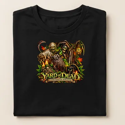 Detailed illustration of Halloween monsters with colorful text for Halloween — printed on a women's shirt