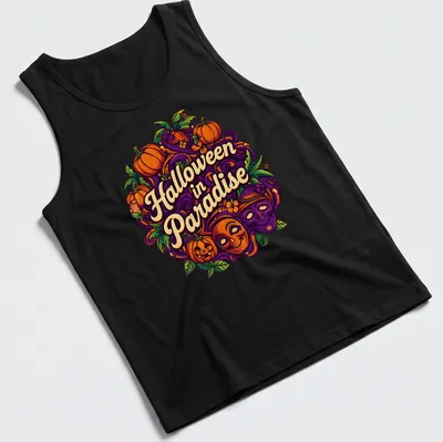 Colorful illustration of pumpkins and masks with Halloween in Paradise text — printed on a tank top