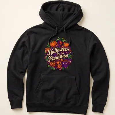 Colorful illustration of pumpkins and masks with Halloween in Paradise text — printed on a unisex hoodie