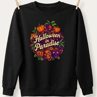 Colorful illustration of pumpkins and masks with Halloween in Paradise text — printed on a unisex sweatshirt