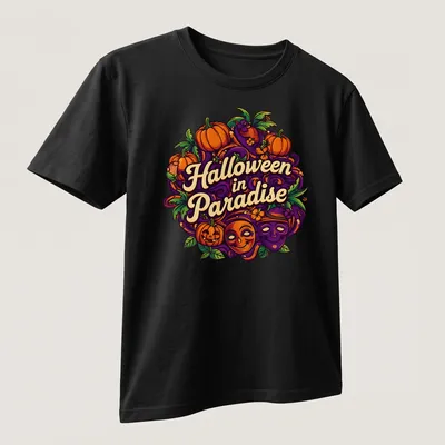 Colorful illustration of pumpkins and masks with Halloween in Paradise text — printed on a unisex t-shirt (angled view)