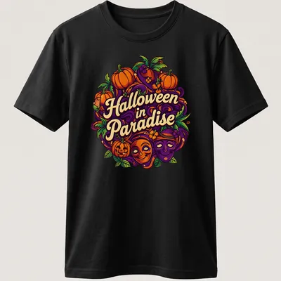 Colorful illustration of pumpkins and masks with Halloween in Paradise text