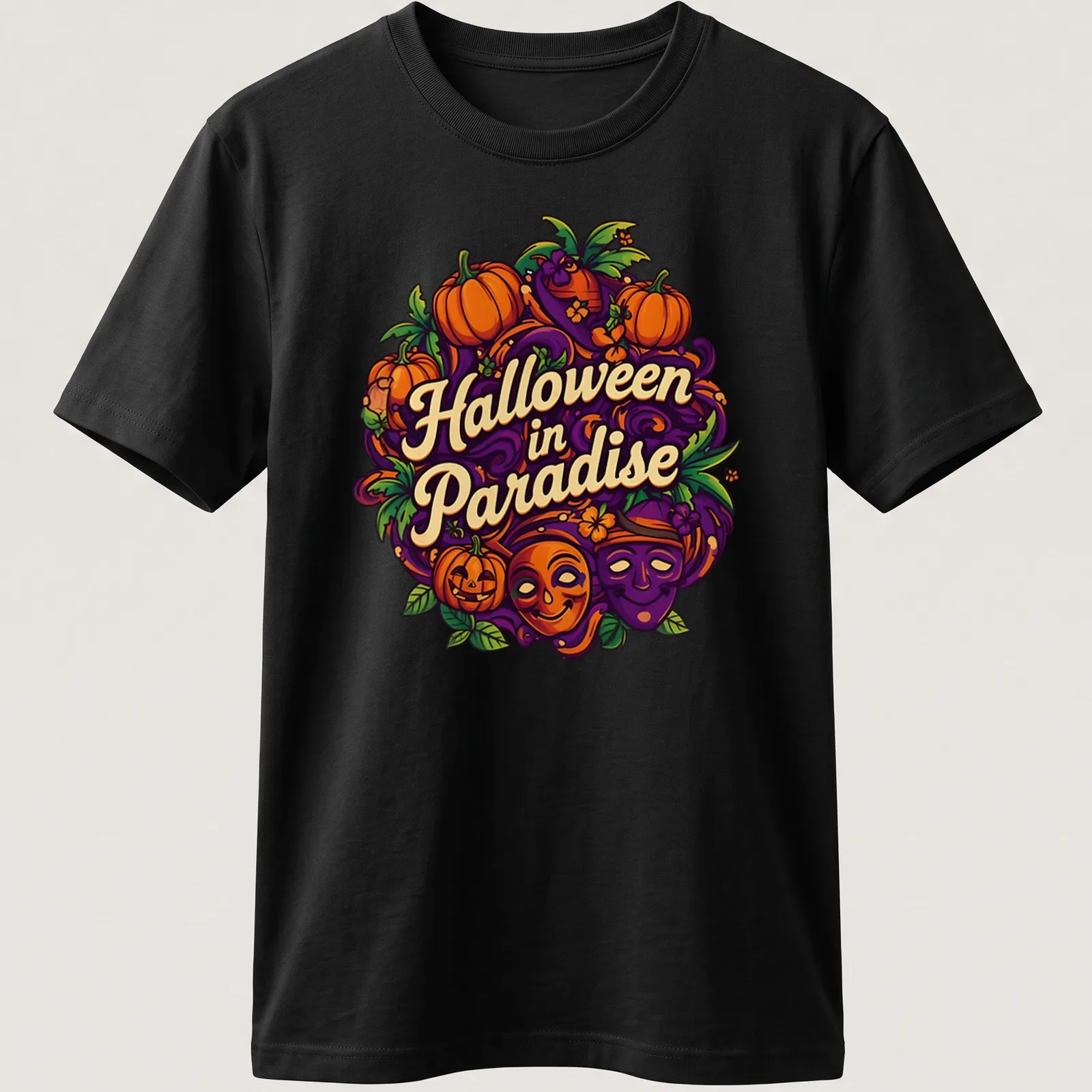 Colorful illustration of pumpkins and masks with Halloween in Paradise text — printed on a unisex t-shirt