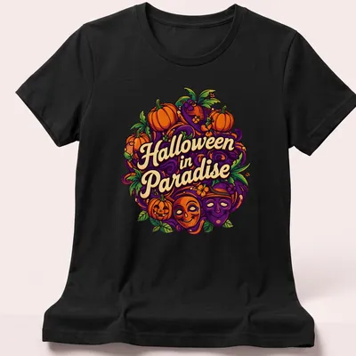 Colorful illustration of pumpkins and masks with Halloween in Paradise text — printed on a women's shirt