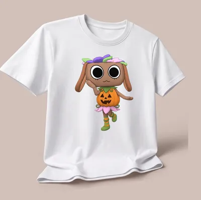 Kawaii Dandy Bassie in Halloween costume with colorful details — printed on a unisex t-shirt (angled view)