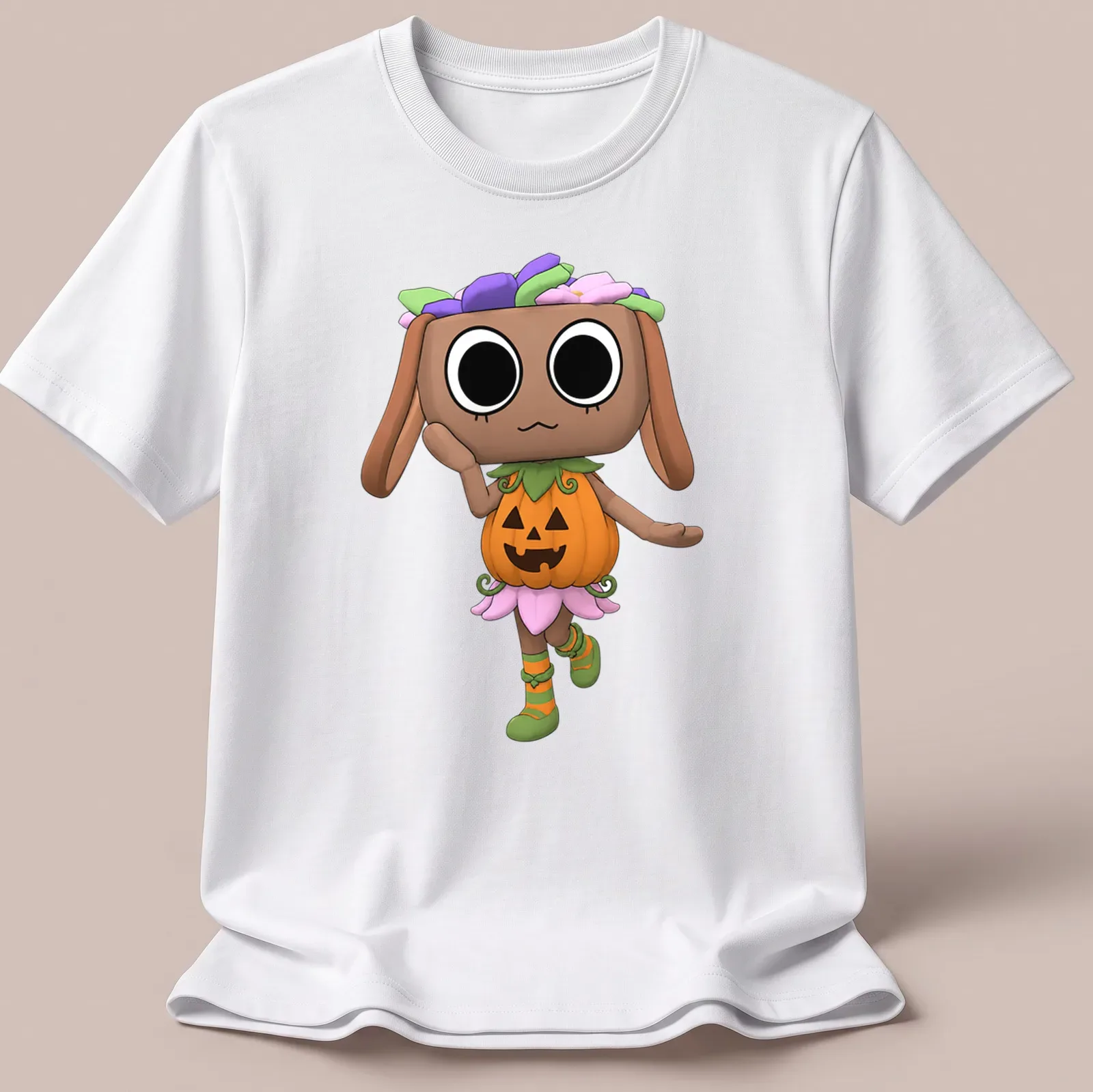 Kawaii Dandy Bassie in Halloween costume with colorful details — printed on a unisex t-shirt