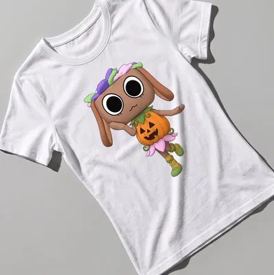 Kawaii Dandy Bassie in Halloween costume with colorful details — printed on a women's shirt