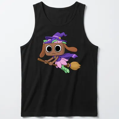 Kawaii witch dog character with the text Dandy Bassie in colorful design — printed on a tank top