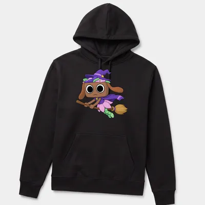 Kawaii witch dog character with the text Dandy Bassie in colorful design — printed on a unisex hoodie