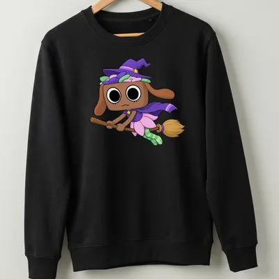 Kawaii witch dog character with the text Dandy Bassie in colorful design — printed on a unisex sweatshirt
