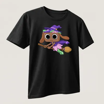 Kawaii witch dog character with the text Dandy Bassie in colorful design — printed on a unisex t-shirt (angled view)