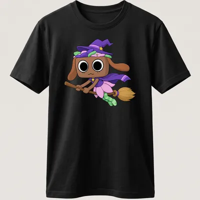 Kawaii witch dog character with the text Dandy Bassie in colorful design