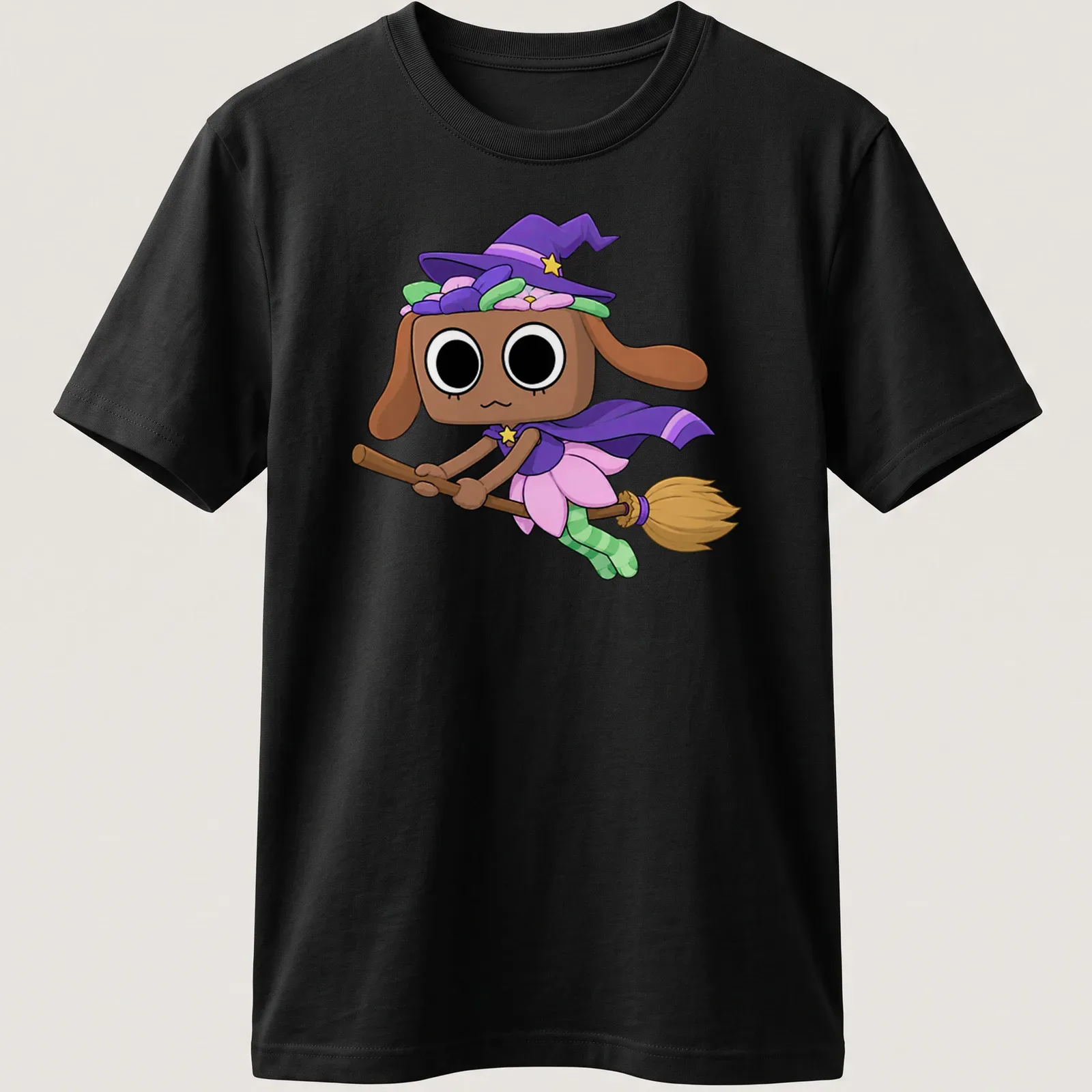 Kawaii witch dog character with the text Dandy Bassie in colorful design — printed on a unisex t-shirt