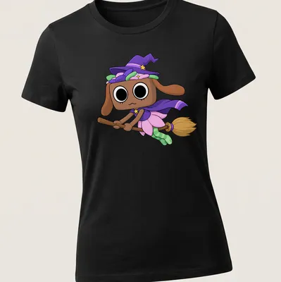 Kawaii witch dog character with the text Dandy Bassie in colorful design — printed on a women's shirt