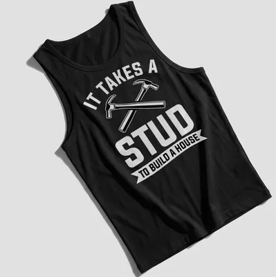 Bold graphic of crossed hammers and text about construction skills — printed on a tank top