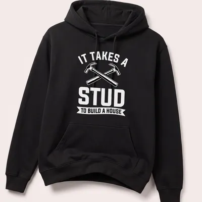 Bold graphic of crossed hammers and text about construction skills — printed on a unisex hoodie
