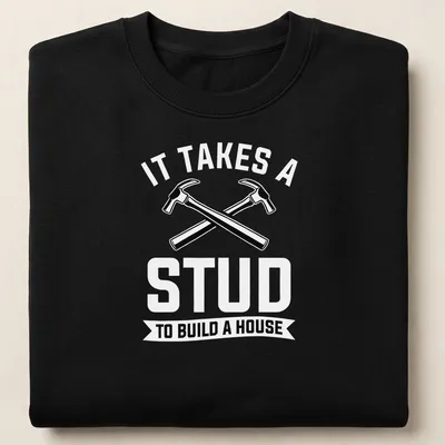 Bold graphic of crossed hammers and text about construction skills — printed on a unisex sweatshirt