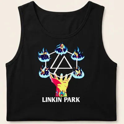 Vibrant Linkin Park t-shirt featuring band members with flames and colorful elements — printed on a tank top