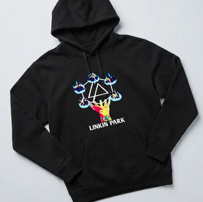 Vibrant Linkin Park t-shirt featuring band members with flames and colorful elements — printed on a unisex hoodie