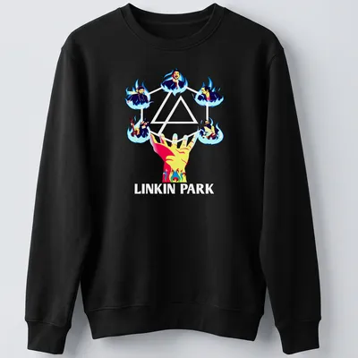 Vibrant Linkin Park t-shirt featuring band members with flames and colorful elements — printed on a unisex sweatshirt