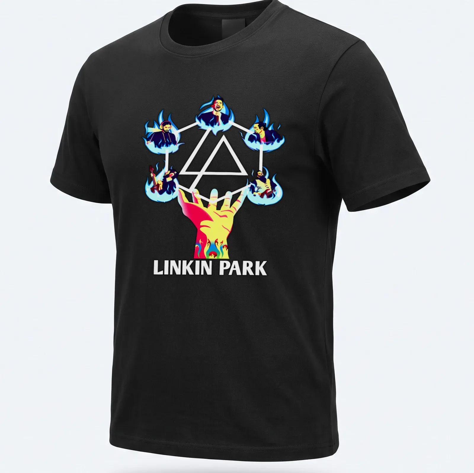 Vibrant Linkin Park t-shirt featuring band members with flames and colorful elements — printed on a unisex t-shirt
