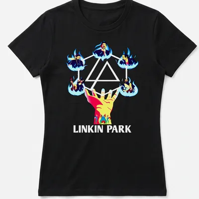 Vibrant Linkin Park t-shirt featuring band members with flames and colorful elements — printed on a women's shirt