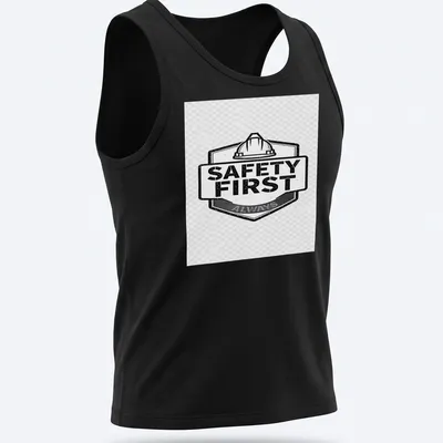 Vintage distressed tee featuring the text 'Safety First Always' with a hard hat graphic. — printed on a tank top