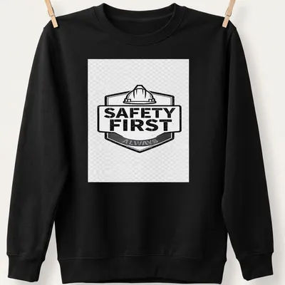 Vintage distressed tee featuring the text 'Safety First Always' with a hard hat graphic. — printed on a unisex sweatshirt
