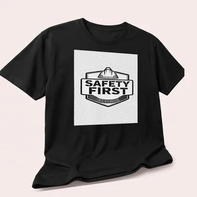 Vintage distressed tee featuring the text 'Safety First Always' with a hard hat graphic. — printed on a unisex t-shirt (angled view)