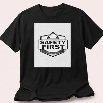 Vintage distressed tee featuring the text 'Safety First Always' with a hard hat graphic.