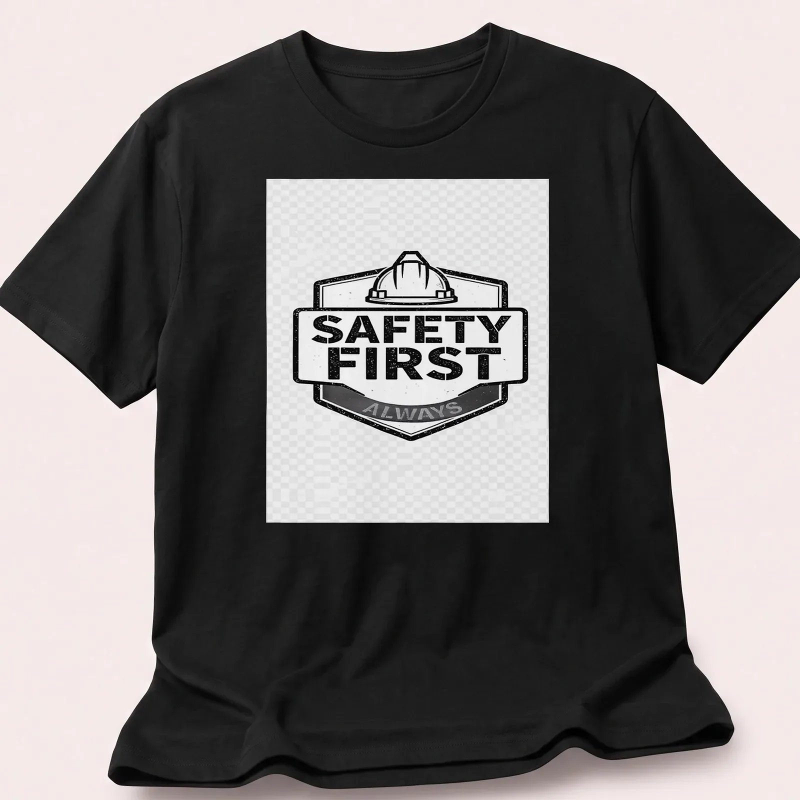 Vintage distressed tee featuring the text 'Safety First Always' with a hard hat graphic. — printed on a unisex t-shirt