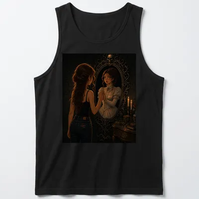 Dark fantasy t-shirt featuring a haunted Victorian mirror illustration — printed on a tank top