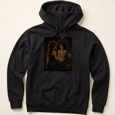 Dark fantasy t-shirt featuring a haunted Victorian mirror illustration — printed on a unisex hoodie