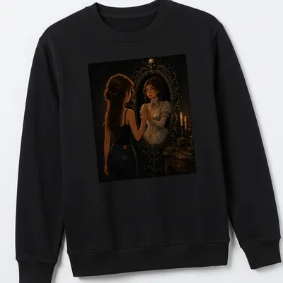 Dark fantasy t-shirt featuring a haunted Victorian mirror illustration — printed on a unisex sweatshirt