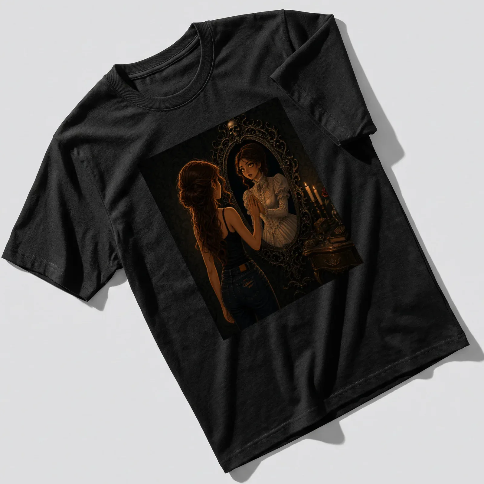 Dark fantasy t-shirt featuring a haunted Victorian mirror illustration — printed on a unisex t-shirt