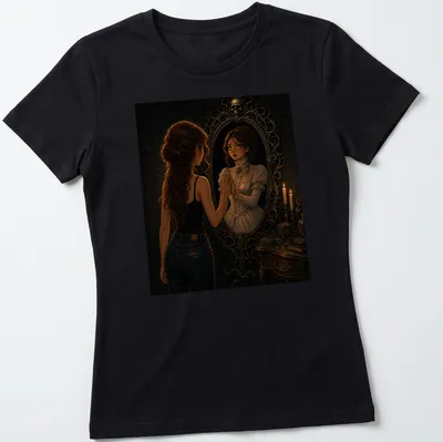 Dark fantasy t-shirt featuring a haunted Victorian mirror illustration — printed on a women's shirt