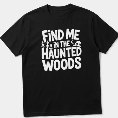 Mystical illustration of haunted woods with text 'Find Me In The Haunted Woods' in dark green, black, purple, and orange.