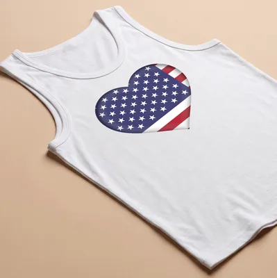 3D heart graphic featuring the American flag in red, white, and blue — printed on a tank top