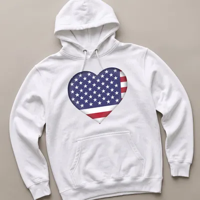 3D heart graphic featuring the American flag in red, white, and blue — printed on a unisex hoodie