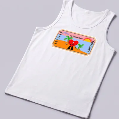 Cartoon heart character with tropical scene and colorful text. — printed on a tank top