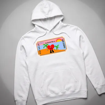 Cartoon heart character with tropical scene and colorful text. — printed on a unisex hoodie