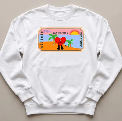 Cartoon heart character with tropical scene and colorful text. — printed on a unisex sweatshirt