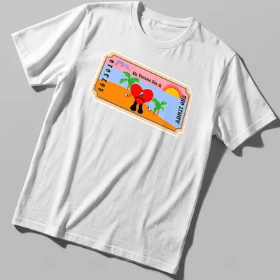 Cartoon heart character with tropical scene and colorful text.