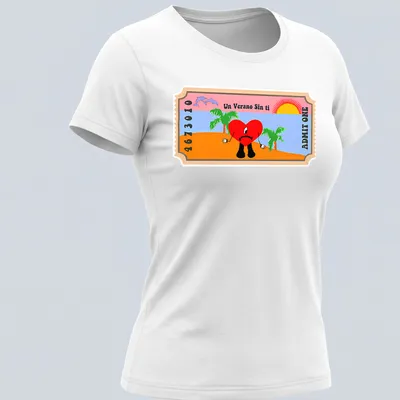 Cartoon heart character with tropical scene and colorful text. — printed on a women's shirt