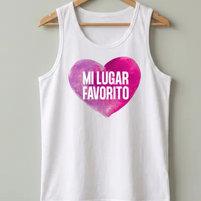 Watercolor heart graphic with the words 'MI LUGAR FAVORITO' in pink and purple — printed on a tank top
