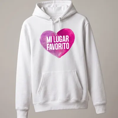 Watercolor heart graphic with the words 'MI LUGAR FAVORITO' in pink and purple — printed on a unisex hoodie