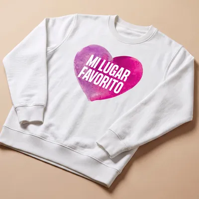 Watercolor heart graphic with the words 'MI LUGAR FAVORITO' in pink and purple — printed on a unisex sweatshirt