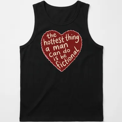 Cartoonish heart graphic with playful text about romance printed on a — printed on a tank top