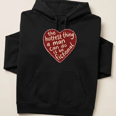 Cartoonish heart graphic with playful text about romance printed on a — printed on a unisex hoodie
